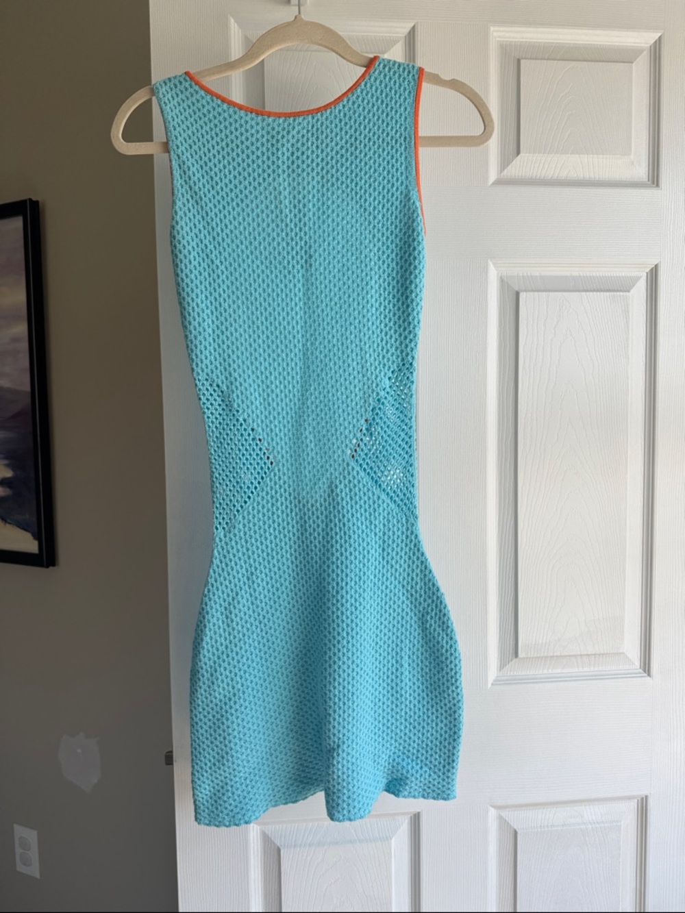 Sleeveless Aqua Knit Mini Dress with orange Trim